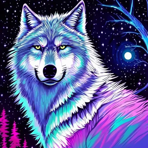 Prompt: wolf Kawai beautiful nighttime colorful 