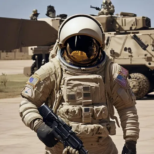 Prompt: astronaut helmet, armored military uniform, desert camo, marines, m4a1 guns