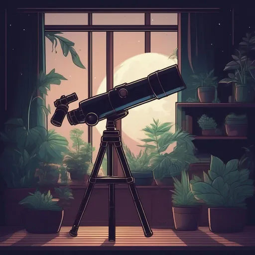 Prompt: telescope standing in a dark bedroom with plants and lights. lofi art 