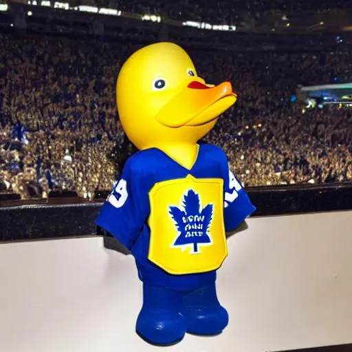 Prompt: A gold rubber duck in a Toronto maple leafs uniform
