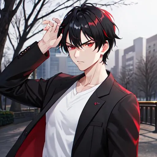 Prompt: Damien (male, short black hair, red eyes) in the park at night, casual outfit, midnight, angry, stern look on his face