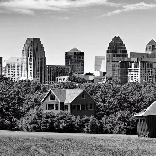 Prompt: High resolution charlotte NC skyline darkened with a shack house in placed in the foreground