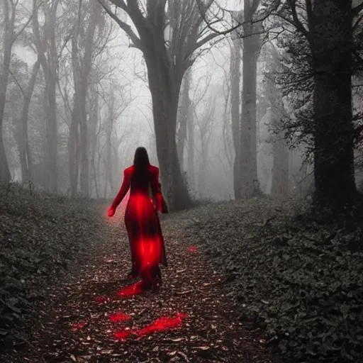 Prompt: Evil goddess walking through dark woods, red moon, fog, High quality 