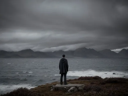 Prompt: A young man (lost in the world), standing by the ocean, stark mountains looming in the background, a single tree silhouetted against a cloudy and dreary sky, a gust of strong wind blowing through his scarf, one crow (flying), dramatic atmosphere, soft muted colors, high detail, ultra-detailed, capturing a sense of vulnerability and isolation.