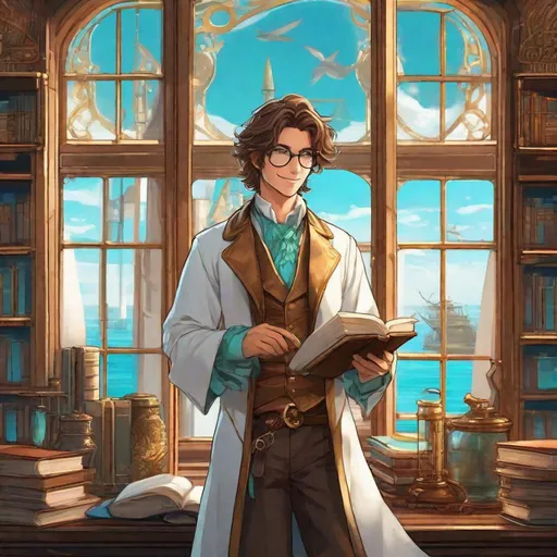 Prompt: Third person, gameplay, high quality, feminine man, shoulder length wavy brown hair with blue streaks, tanned white skin, bright brown eyes, smile, scientist, glasses, ((turquoise white and gold)) steampunk robe, hands in pockets, magical laboratory with books and a large window with an ocean view in the background, cool atmosphere, manga style, extremely detailed print by Hayao Miyazaki, Studio Ghibli,