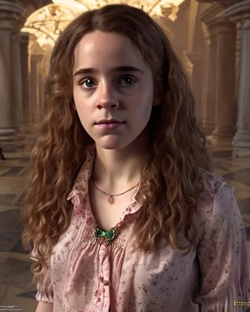 Prompt: Hermione Granger wearing a floral patterned blouse, a big candy necklace around her neck. ultra detailed, highly detailed scenario, photorealistic, intricate, masterpiece, UHD, HDR, symmetric, coherent, epic detail, stunning, beautiful, ,lumen render ,lumen path tracing ,path tracing light ,path tracing shadow ,path tracing special fx, 