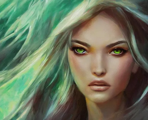 Prompt: oil painting by artgerm detailed expressive ethereal closeup portrait Green eyed lady, lovely lady,
Strolling slowly towards the sun, setting suns, lonely windswept lady,
Child of nature, friend of man, cinematic atmosphere, fantastic fantasy, award-winning cgi 