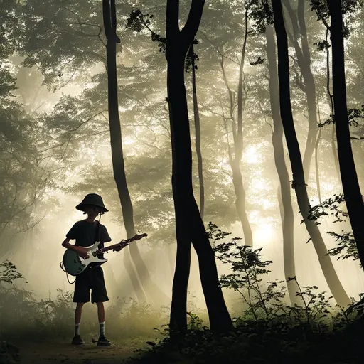 Prompt: A boy playing electric guitar in the forest. The boy has a black bucket hat. Beautiful and calm. Early in the morning, misty. Sunrise. Magnificent lighting.