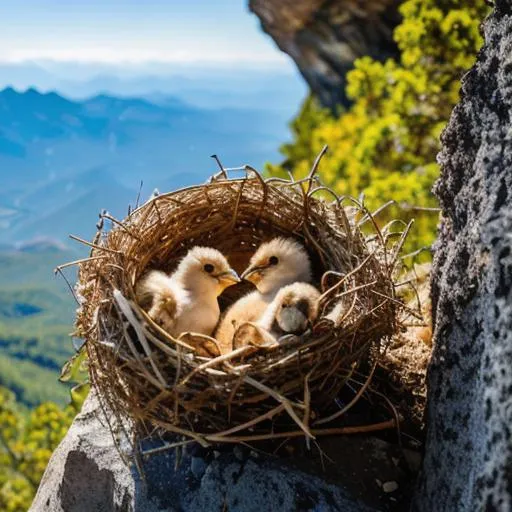 Prompt: Hyperrealistic photo of a bird nest on a mountain cliff with blue sky background. Two infant birds hidden inside the nest opening their mouth waiting for food from the parent bird standing by the side of the nest to feed them. Hyperrealistic, highly detailed. 