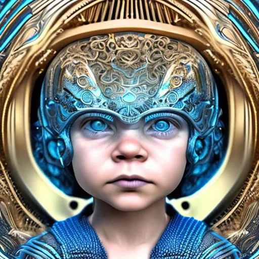 Prompt: intricate Art deco metal boy kid, sparkling blue eyes, blonde hair, metal, color, dimples, ornate, intricate, flowing, neon, led, fractals, hyper-detailed, 64K, UHD, HDR, unreal engine, vivid colors