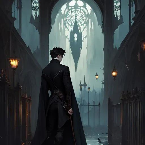 Prompt: Full body splash art of male vampire, handsome, androgynous, short white wavy hair, pale skin, dark medieval victorian noble clothes, elegant, highly detailed, intricate, smooth, sharp focus, artstation, digital painting, concept art, art by greg rutkowski, alphonse mucha and John William Waterhouse, dark, eerie, gothic, creepy, romantic