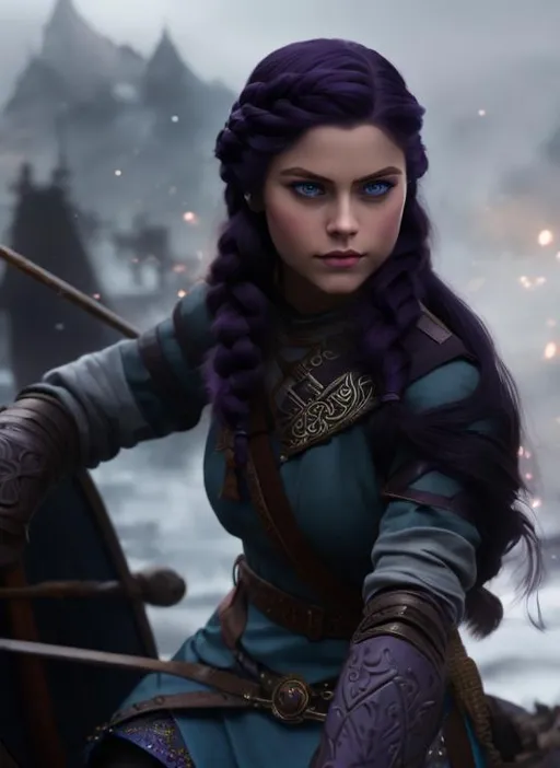 Prompt: she has dark purple hair, one braid in hair, create most beautiful fictional female viking princess warrior, dark purple hair, light blue eyes, extremely detailed environment, detailed background, intricate, detailed skin, professionally color graded, photorealism, 8k, moody lighting