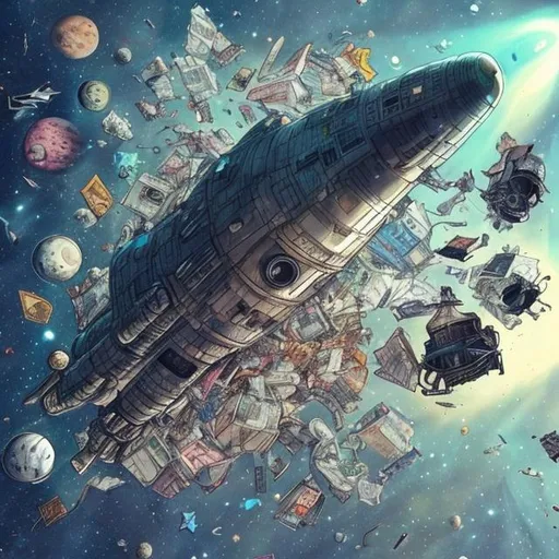 Prompt: space ship overflowing with garbage flying through space
