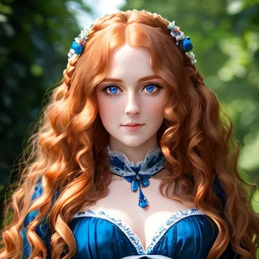 Prompt: beautiful Victorian woman with long , very curly strawberry blonde hair and light blue eyes wearing a blue gown,facial closeup