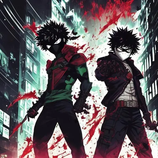Prompt: masked vigilante deku villain versus villain bakugo. Fighting. Blood spatters. Very Dark image with lots of shadows. Background partially destroyed neo Tokyo. Noir anime. Gritty. Dirty. Detailed. Accurate. Perfect.