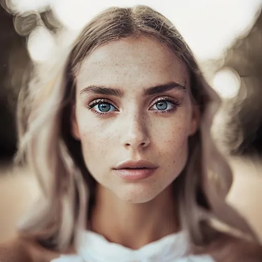 Prompt: photo realistic portrait of {white handsome young woman}, centered in frame, facing camera, symmetrical face, ideal human, 85mm lens,f8, photography, ultra details, natural light, light background, photo, Studio lighting