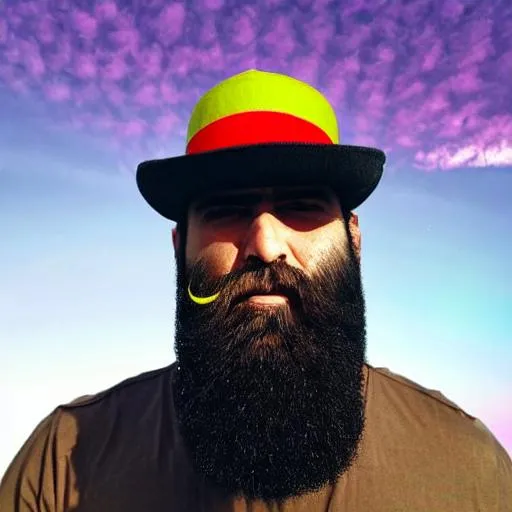 Prompt: a person with long black beard and bold head.in front of a colorful sky
having sharp eye brows and medium nose. lips are large 