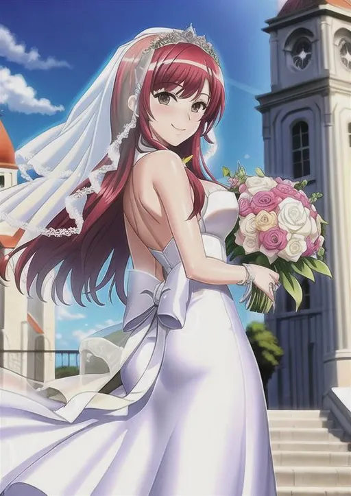 Prompt: bella thorne, veil, wedding dress, church, smile, bridal bouquet