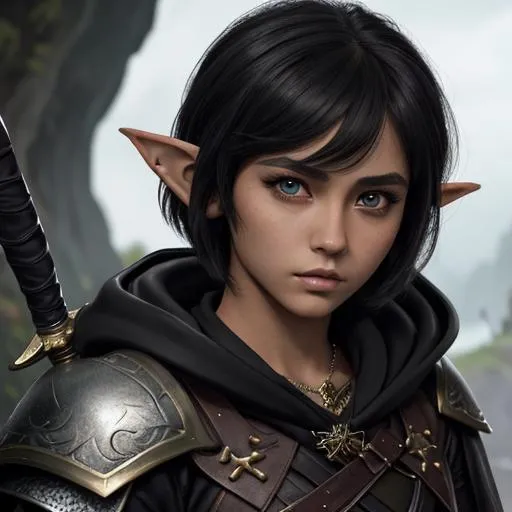 Prompt: masterpiece, splash art, ink painting, beautiful pop idol, D&D fantasy, (25 years old) lightly tanned-skinned hobbit girl, ((beautiful detailed face and large eyes)), determined expression, short dark cut hair, short small pointed ears, serious expression looking at the viewer, wearing detailed leather armor and a dark cloak while wielding a dagger in a dungeon #3238, UHD, hd , 8k eyes, detailed face, big anime dreamy eyes, 8k eyes, intricate details, insanely detailed, masterpiece, cinematic lighting, 8k, complementary colors, golden ratio, octane render, volumetric lighting, unreal 5, artwork, concept art, cover, top model, light on hair colorful glamourous hyperdetailed medieval city background, intricate hyperdetailed breathtaking colorful glamorous scenic view landscape, ultra-fine details, hyper-focused, deep colors, dramatic lighting, ambient lighting god rays, flowers, garden | by sakimi chan, artgerm, wlop, pixiv, tumblr, instagram, deviantart
