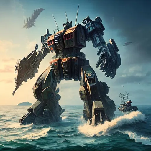 giant mech in the pacific ocean looming over a fishi