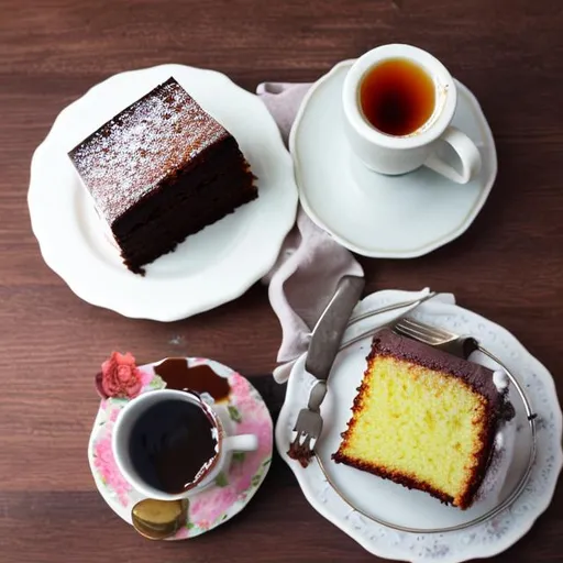 Prompt: cake with coffee or cake with tea 
