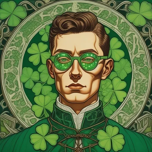 Prompt: portrait of a freckled beautiful handsome brown haired man with green shamrocks, very short slicked back pompadour undercut with shaved sides and chestnut wisps, wearing a sorceree mantle and round glasses, green glowing shades with emerald reflecting lenses, intricate, moles, beauty marks,  sharp focus, in the style of Ivan Bilibin, Ernst Haeckel, Daniel Merriam, watercolor and ink