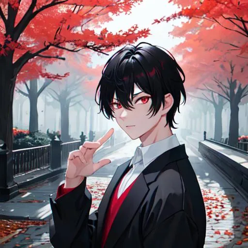 Prompt: Damien (male, short black hair, red eyes) in the park at night, casual outfit, dark out, nighttime, midnight, 8k resolution, awe inspiring, epic, ultra detailed, high resolution