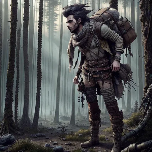 Prompt: male nomad wanderer, dirty face,  fantasy, intricate, elegant, messy upwards hair, highly detailed, multilayered outfit, belts and pouches, wool scarf, leather, artstation, octane render, concept art, matte, sharp focus, illustration,  post apocalyptic forest wasteland, d&d, 