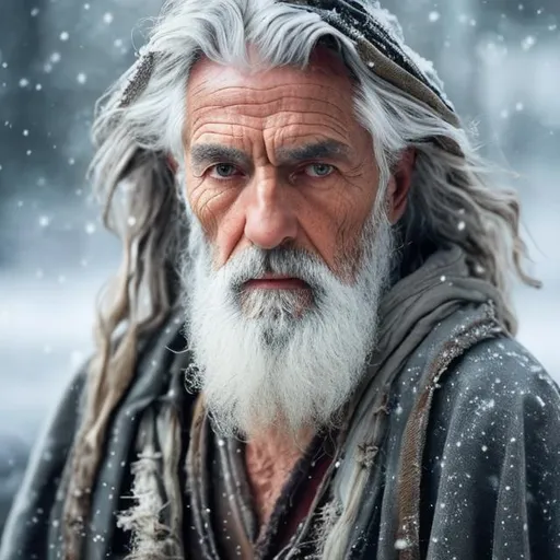 Prompt: an old and wise sage dressed in dusty tattered robes, his face is framed by snow white hair, and his skin is wrinkled and eroded by time, natural lighting, vivid colors, everything in sharp focus, HDR, UHD, 64K 