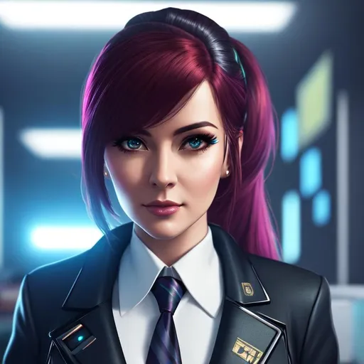 Prompt: portrait of cyberpunk secretary woman, behind desk, medium shot, beautiful face, cinematic lighting, indoor