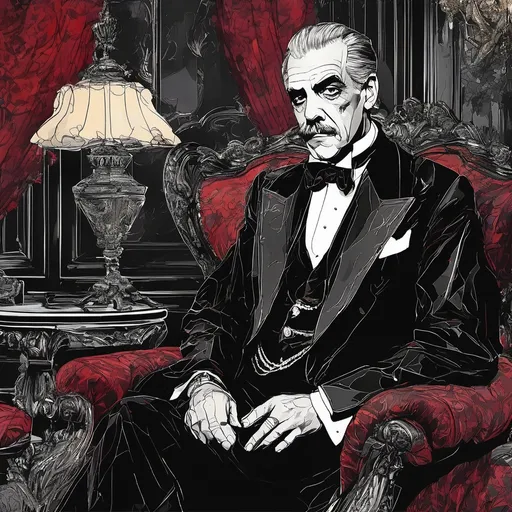 Prompt: (Boris Karloff talking to Vincent Price), Black and White pen and ink sketch style, dark color scheme, elegantly gothic attire, intricate details, dim lighting, dramatic shadows, opulent background, luxurious textures, ornate furniture, deep reds and blacks, baroque patterns, solemn atmosphere, rich color tones, dark romanticism, ultra-detailed, 4K, photorealistic masterpiece, timeless elegance.