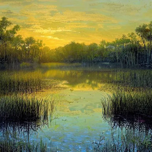 Prompt: Florida wetlands through a captivating portrait of a serene swamp. The artistic medium employed is a digital painting, allowing for meticulous attention to detail and a seamless blend of colors. The style draws inspiration from romantic landscape paintings, evoking a sense of tranquility and harmony with nature. The lighting bathes the scene in warm, golden hues, casting a gentle glow over the swamp and creating a serene ambiance. The color palette reflects the natural tones of the wetlands, with earthy greens, muted browns, and hints of vibrant flora. The composition utilizes a wide-angle lens, capturing the vastness of the swamp and emphasizing the lush vegetation and meandering waterways. Nestled amidst the swamp, a small and inviting cabin becomes the focal point, serving as the humble abode for a charming family of turtles. Their cozy dwelling exudes warmth and a sense of belonging, while the turtles themselves add a touch of whimsy and playfulness to the scene. 8k, ultra realistic 