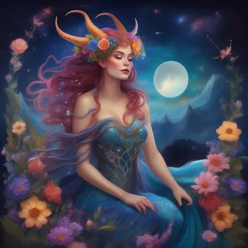 Prompt: A colourful and beautiful Persephone, she is a dragon woman, with scales for skin, horns and gems in her hair. In a beautiful flowing dress made of wildflowers. Framed by a nighttime sky of clouds, stars and constellations. In a photorealistic painted Disney style.