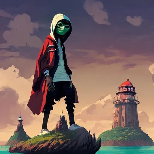 Prompt: hooded 2D from Gorillaz on the floating island, concept art by Kentaro Miura, landsape by Alejandro Bursido, red lighthouse in the background