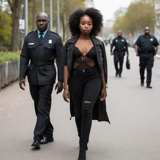 Prompt: The young black beautiful lady walking with her body guard.