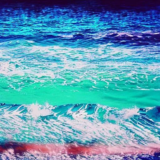 Prompt: Trippy ocean waves with strange cooler and sunset 