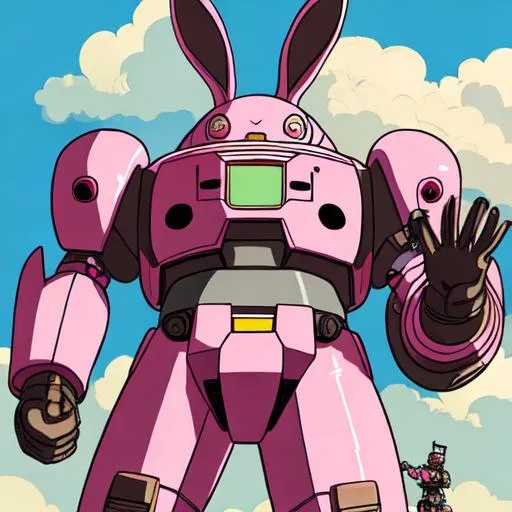 Prompt: Giant rabbit wearing a pink Japanese mech suit, studio ghibli style flat illustration, colored, highly detailed, anime, manga