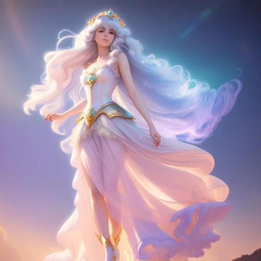 Prompt: Digital style painting, Lady Amalthea, style of Pixar, Fragonard, highly-detailed, cinematic, washed out palette, soft pastel color palette, light trails, sunny day, translucent, iridescent, long hair, arms visible, legs visinble, perfect composition, hyperrealistic, super detailed, 8k, high quality, sharp focus, intricate details, highly detailed, dynamic lighting, detailed and intricate environment, highest quality