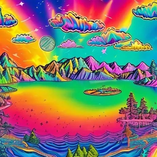 Prompt: Lisa frank style lake in world War ii