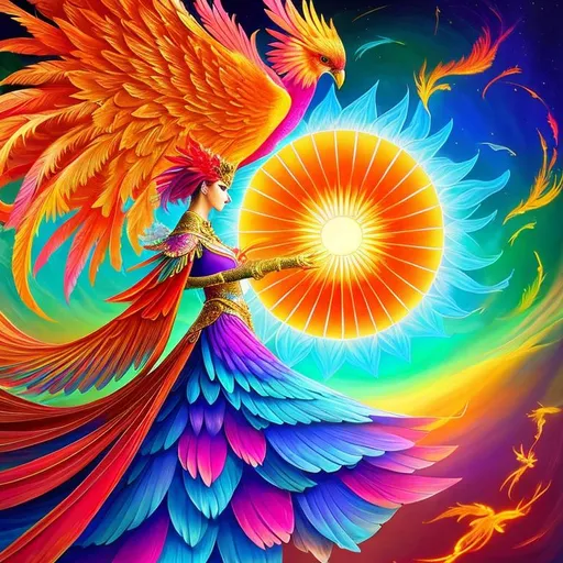 Prompt: emboss color Fractal geometry exists in the background knowledge of the world, full color Fractal geometry exists in the foreground knowledge of the world, perfect detailed pompous phoenix bird wild alien woman, holding the bright sun with its claw, a painting photography technique, amazing colors.
