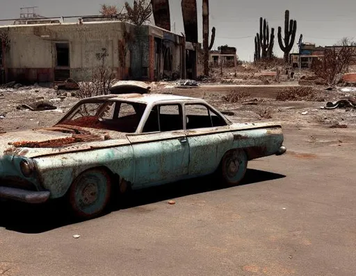 Prompt:  wide angle 3d realistic render of a decrepit Fallout 4 atomic car and urban landscape scene with desert cactus  and some trash and destroyed asphalt