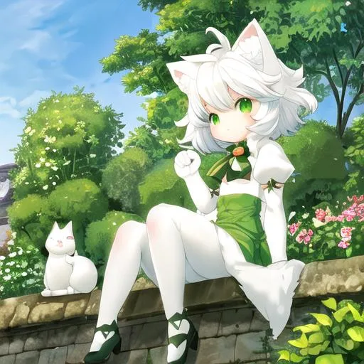 Prompt: cute puffy cat with white fur and green tinge, sitting on a poll overlooking a garden