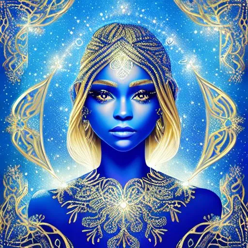 Prompt: filigree, tiny glowing silver particles, filigree outlines, portrait of a beautiful blonde woman, glittery iridescent lines, glowing ink,  stunning composition, filigree blue detail, ethereal, super sharp silhouette art,  shinning glow by juliana joseph