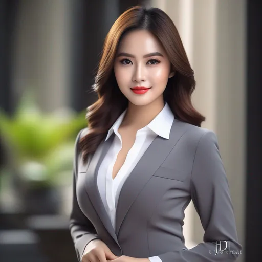 Prompt: pretty busty Indonesian woman, 25 year old, (round face, high cheekbones, almond-shaped brown eyes, epicanthic fold, small delicate nose), in a suit with shirt open to waist, posing for a picture, action pose, computer graphics by Du Jin, dribble, superflat, elegant, hd, stylish