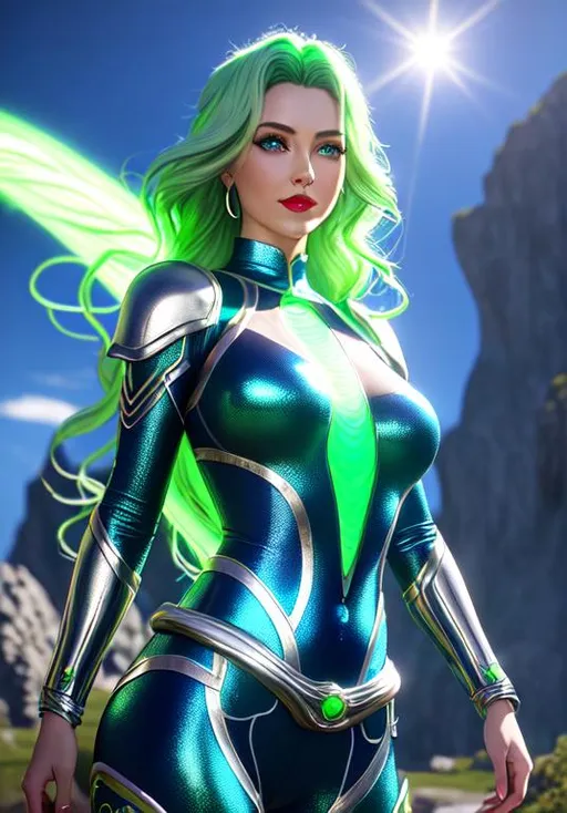 Prompt: produce a raw photo, masterpiece, best quality, high detail, 8k, full frame, long shot, photorealistic, realistic, fantasy landscape, unreal engine render of blue female alien, weather goddess, long green wavy hair, bright green eyes, red and bodysuit, red lips, beautiful smile, silver belt, silver widow bracelets, dynamic action pose, solo, blue female, highly detailed, trending on artstation 
