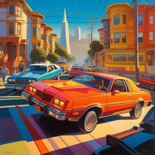 Prompt: 1980s, San Francisco, neon, car chase, sunny weather, warm atmosphere, cartoony style, extremely detailed painting by Greg Rutkowski and by Henry Justice Ford and by Steve Henderson