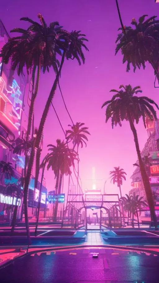 vaporwave city, neon lighting, beautiful sunset, pal... | OpenArt
