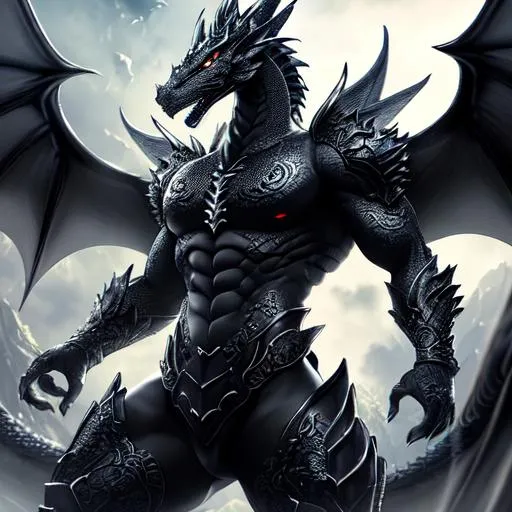 Prompt: Full-body detailed masterpiece, fantasy, high-res, 2D image, cell shaded, quality upscaled image, 4k, perfect composition; subject of this image is a bipedal dragon, black scales, athletic body, detailed pale grey human face, beautiful webbed ears, serpents attached to shoulders