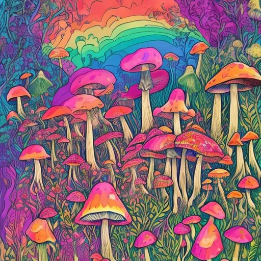 Prompt: Psychedelic illustration of fairies, rainbow mushrooms, garden and flowers 