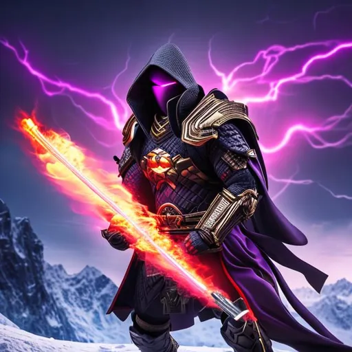 Prompt: sci-fi armoured ninja
 god in an electric aura holding a purple flaming sword in front of a snowy mountain with thunder